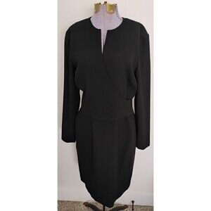 Vtg Jones New York Faux Wrap Dress Women's Black LS V Neck Knee Length 90’s 6